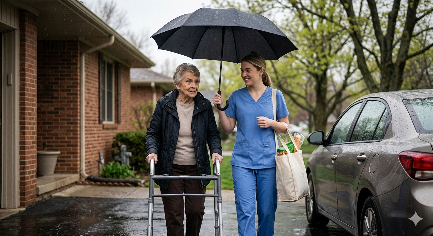 Caregiver walking with client in rain