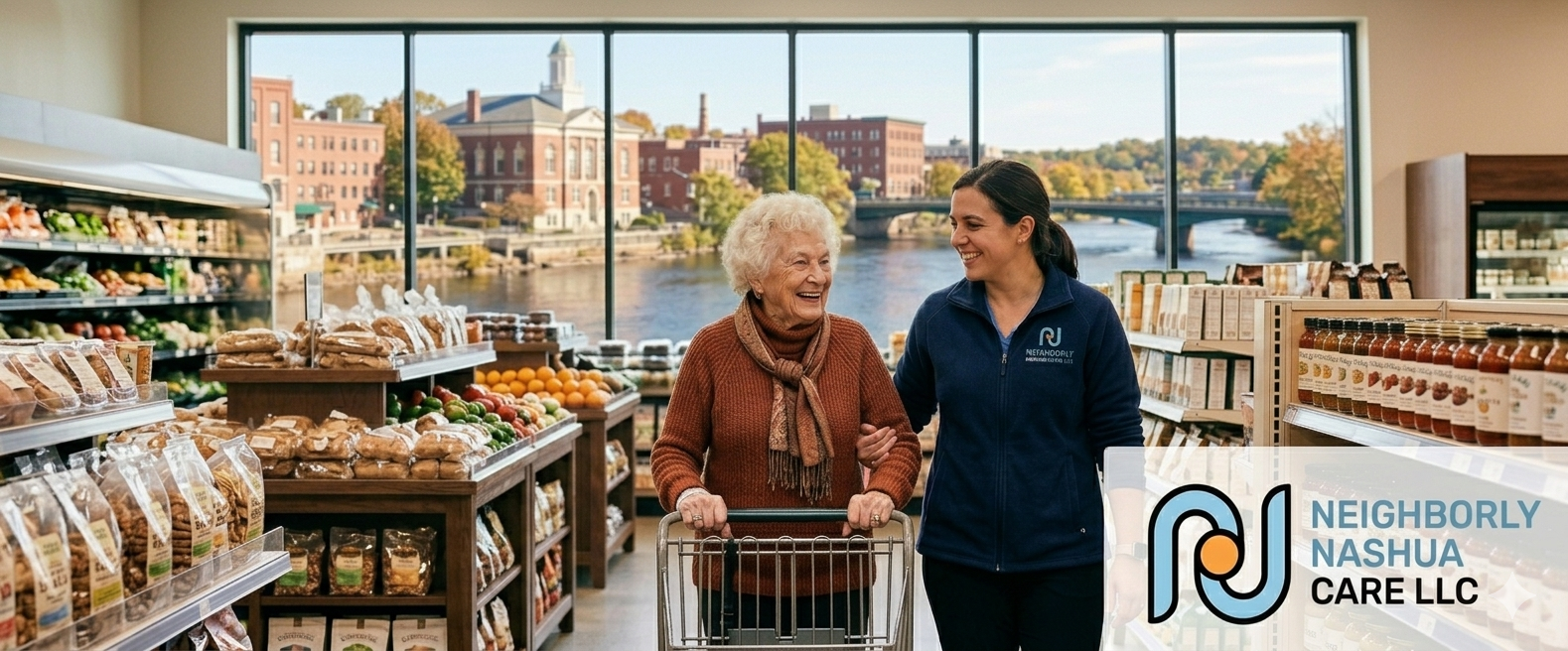 Caregiver and senior shopping in Nashua