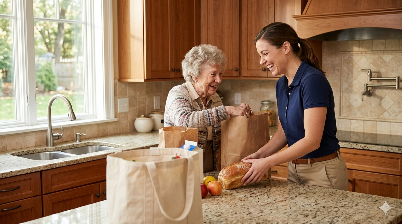 Caregiver and senior unpacking groceries