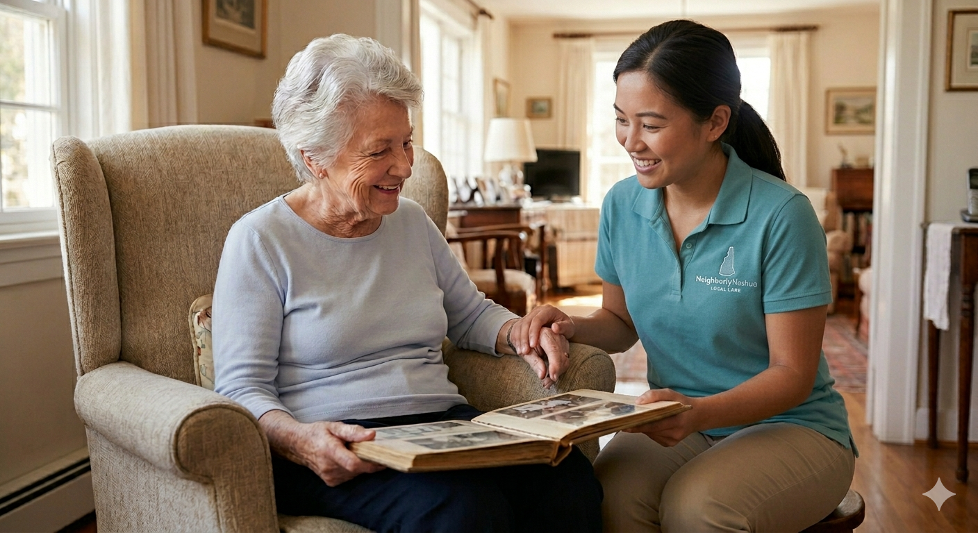 Caregiver with client looking at photos